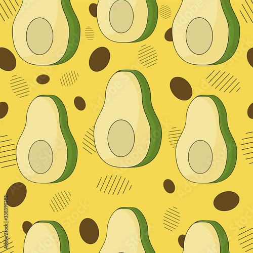 avocado and sunflower seeds, pattern with stripes on a yellow background