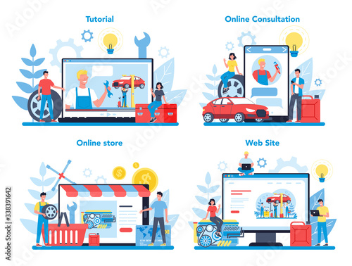 Car service online service or platform on differernt device concept set