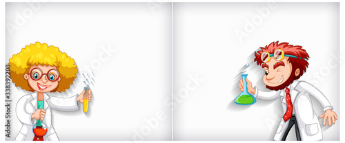 Plain background with two scientists doing experiment