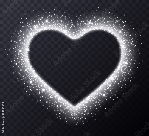 Silver heart frame with sparkles and flares, abstract luminous particles, white stardust light effect isolated on a dark background. Xmas glares and sparks. Luxury backdrop. Vector illustration.