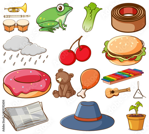 Large set of different food and other items on white background