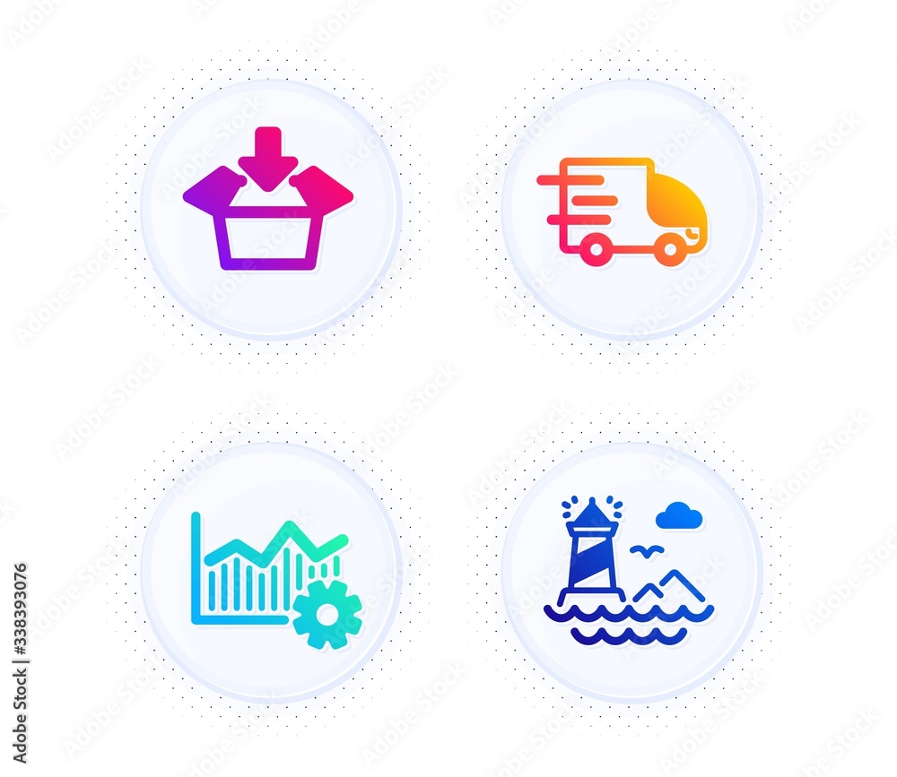 Truck delivery, Operational excellence and Get box icons simple set. Button with halftone dots. Lighthouse sign. Express service, Corporate business, Send package. Navigation beacon. Vector