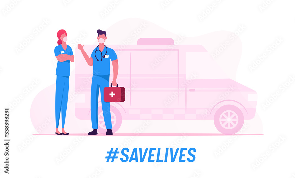 Ambulance Medical Staff Service Occupation. Medics Wearing Protective Masks, Emergency Paramedic Doctors Characters Stand at Car. Saving Lives Covid 19, Health Care. Cartoon Vector People Illustration