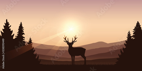 wildlife deer on autumn mountain and forest landscape vector illustration EPS10