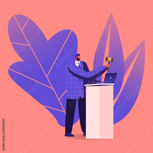 Auctioneer Male Character Holding Wooden Gavel Stand at Tribune with Laptop Conducting Online Auction. E-business, Internet Technology for Selling and Buying Assets. Cartoon Vector Illustration
