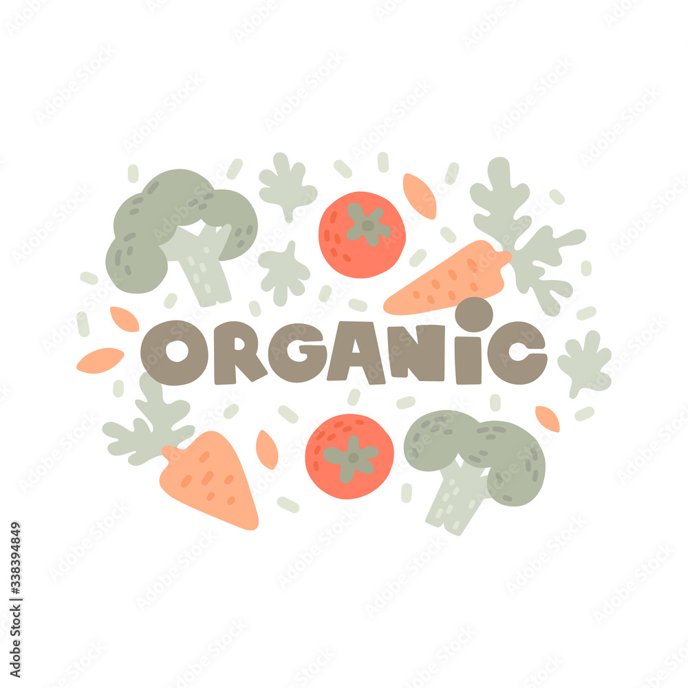 Vector illustration. Organic hand drawn lettering. Round frame with elements in sketch style. Carrots, broccoli, tomatoes, spices, arugula, lettuce leaves. Organic products, healthy food, self-care