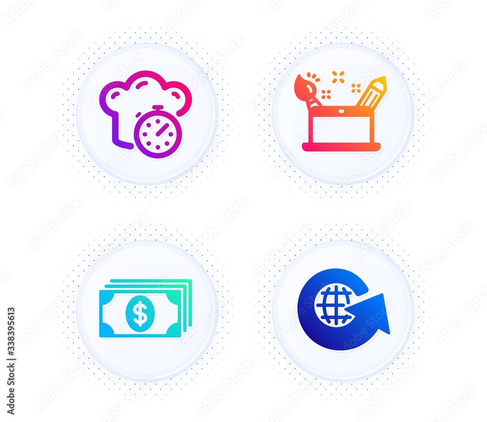 Creativity concept, Banking and Cooking timer icons simple set. Button with halftone dots. World globe sign. Graphic art, Money payment, Stopwatch. Around the world. Business set. Vector