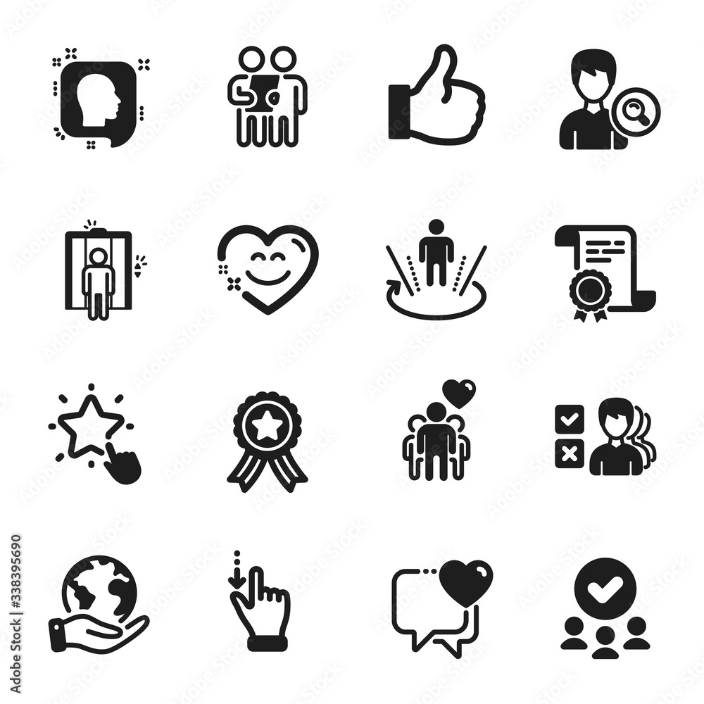 Set of People icons, such as Like, Touchscreen gesture. Certificate, approved group, save planet. Heart, Head, Survey. Elevator, Search people, Augmented reality. Vector Set of People icons, such as Like, Touchscreen gesture. Certificate, approved group, save planet. Heart, Head, Survey. Elevator, Search people, Augmented reality. Vector