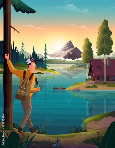 Traveler looking at the mountain lake and hut on coast. Landscape of discovery, hiking, adventure and travel.