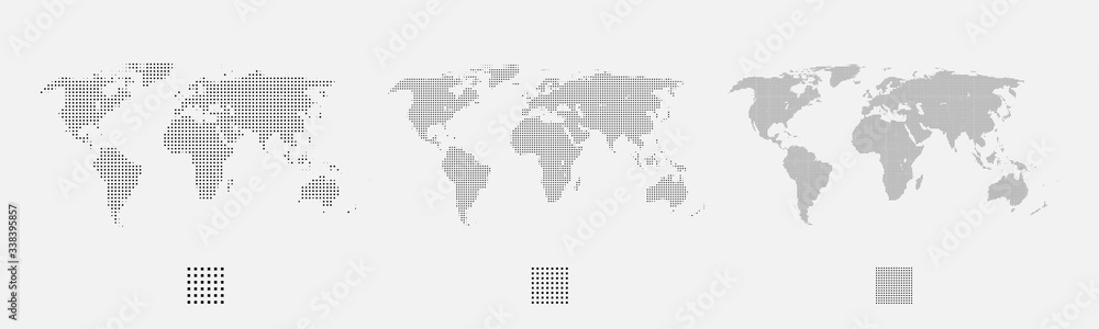 Set of dotted world maps in different resolution