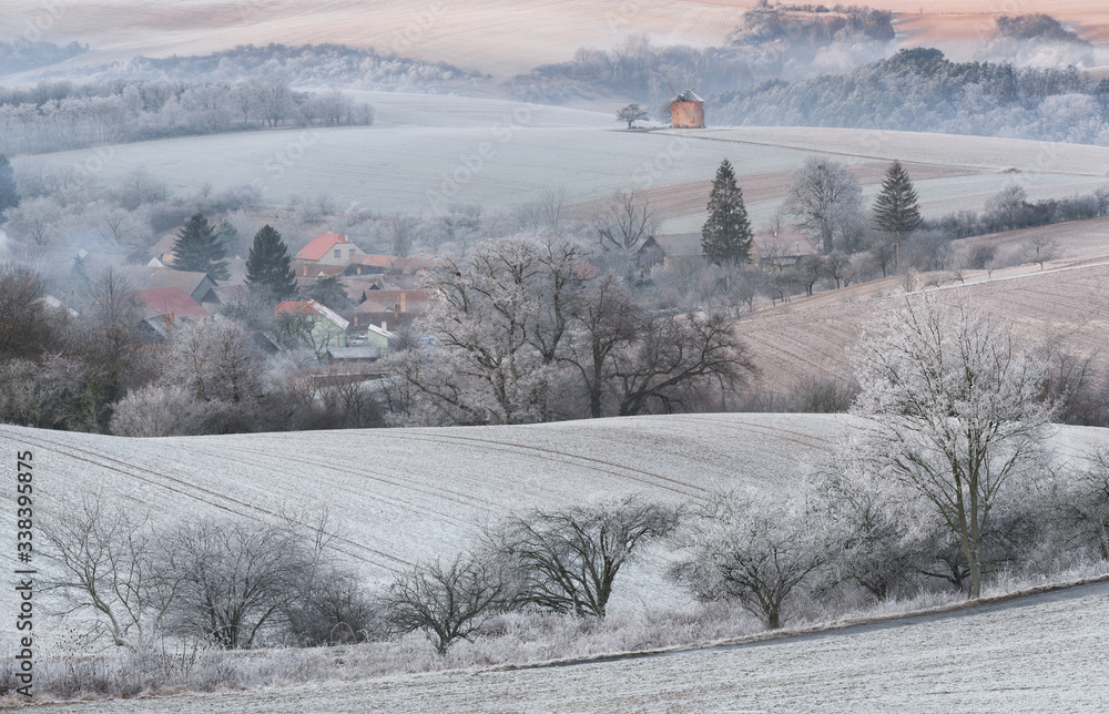 Winter Rural Landscape With With Frosted Wavy Plowed Fields, Trees In Hoarfrost And Old Windmill On The Hill. Beautiful Morning On The Wavy Arable Fields Of Czech Republic. Rural Moravian Pastoral.