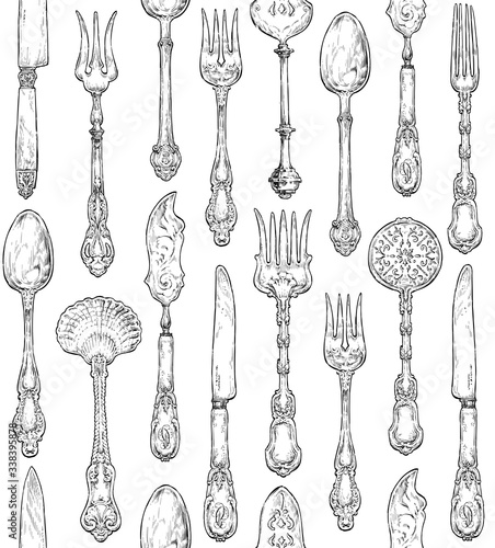 Seamless silverware cutlery pattern. Hand drawn vintage style illustration . Fork, knife and spoon ornate