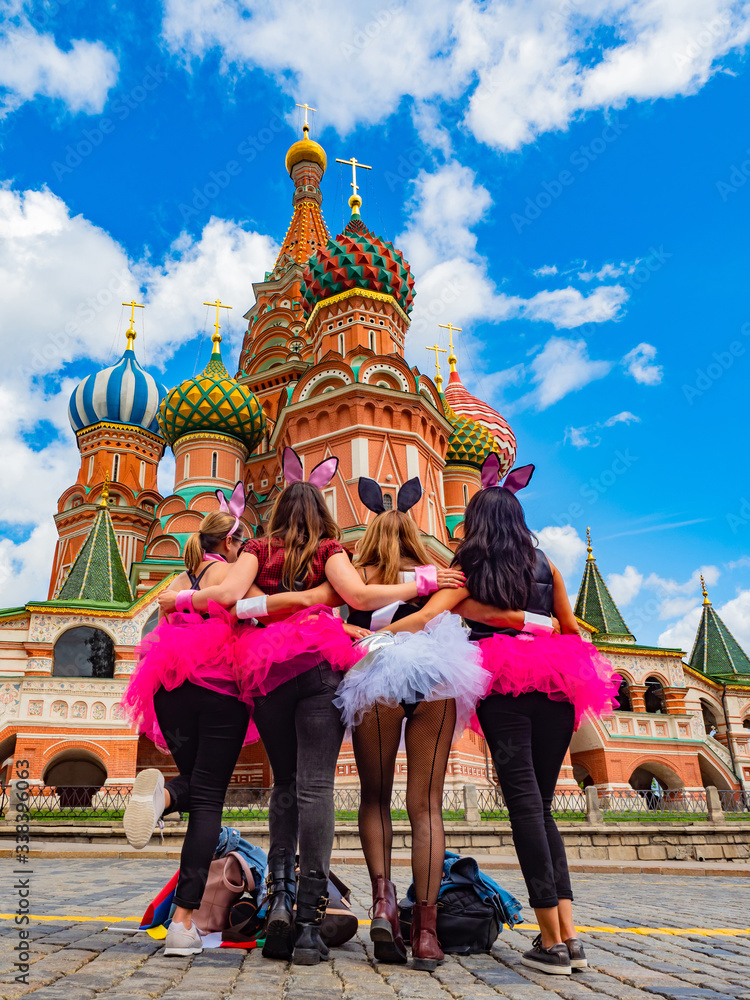 Moscow. Russia. St. Basil's Cathedral. Kremlin. Girls in bunny costumes. Girls on the background of St. Basil?s Cathedral. Women in Red Square. Animators. Holidays in Moscow. Russia on a sunny day.