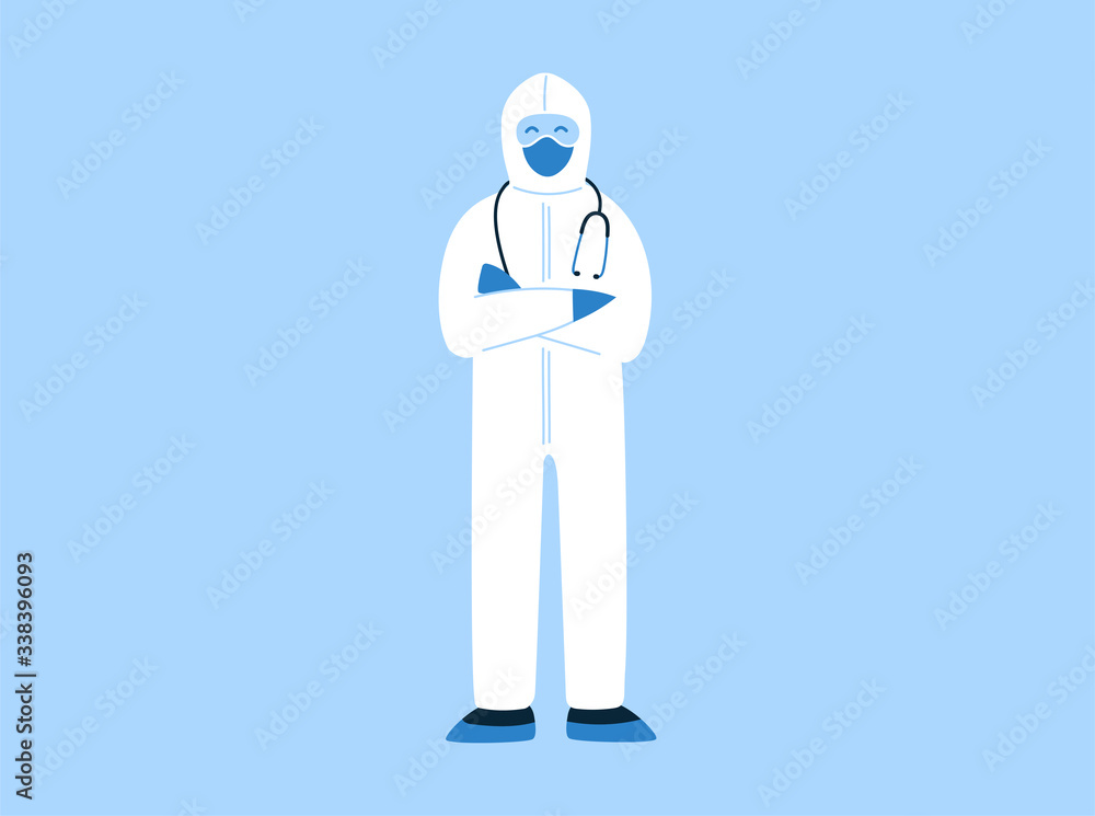 Vector illustration in flat style. Thank you doctors and nurses helping people to cope with novel coronavirus COVID-19. Man in white hazmat suit and mask with stethoscope. Empty place for text. Vector illustration in flat style. Thank you doctors and nurses helping people to cope with novel coronavirus COVID-19. Man in white hazmat suit and mask with stethoscope. Empty place for text.