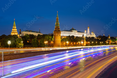 Moscow. Russia. Walls of the Kremlin. Grand Kremlin Palace. Panorama of Moscow at night. The road passes near the Kremlin. The capital against the night sky. Cities of Russia. Bus excursions.