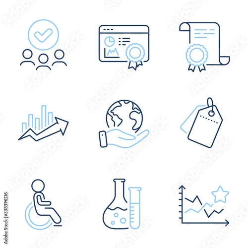 Seo certificate, Ranking stars and Growth chart line icons set. Diploma certificate, save planet, group of people. Disabled, Sale tags and Chemistry lab signs. Vector