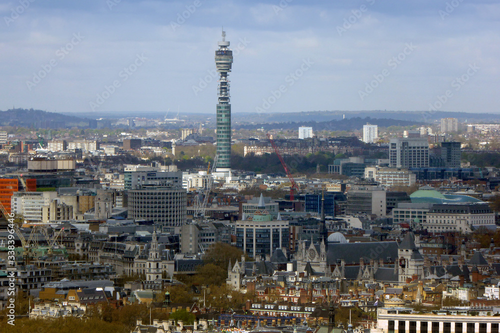 BT Tower and the skyline of London from the Shard England
