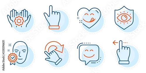 Touchscreen gesture, Click hand and Eye protection signs. Employee hand, Rotation gesture and Face verified line icons set. Smile face, Yummy smile symbols. Work gear, Undo. People set. Vector
