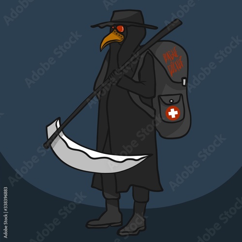 The plague doctor (crow doctor)  with military doctor bag and scythe in hand cartoon vector illustration
