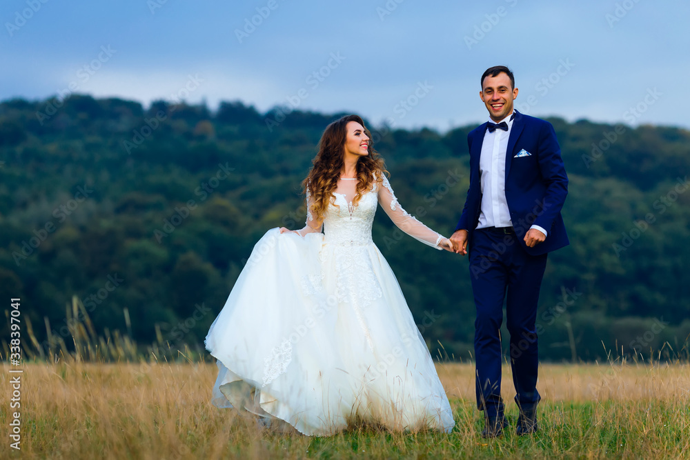 the newlyweds hold hands and walk on the lawn against the backgr