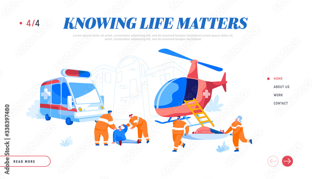 Air Rescue Service and Ground Medical Emergency Help Landing Page Template. Paramedic Characters Carry Stretcher with Diseased Patient to Ambulance Car, People Evacuation. Cartoon Vector Illustration Air Rescue Service and Ground Medical Emergency Help Landing Page Template. Paramedic Characters Carry Stretcher with Diseased Patient to Ambulance Car, People Evacuation. Cartoon Vector Illustration