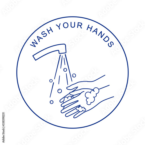 Washing hands with soap. Coronavirus preventions tips. Monochrome vector illustration, isolated on white background