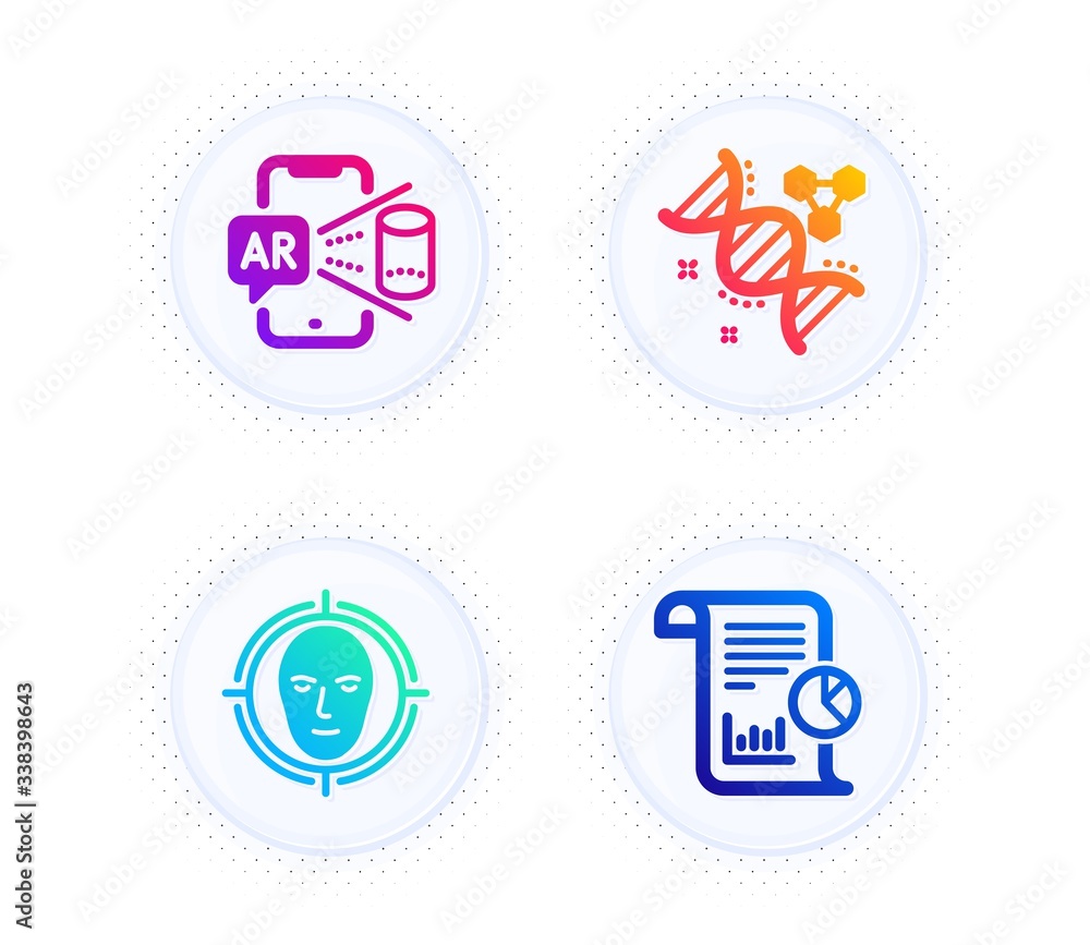 Chemistry dna, Face detect and Augmented reality icons simple set. Button with halftone dots. Report sign. Chemical formula, Select target, Phone simulation. Work analysis. Science set. Vector Chemistry dna, Face detect and Augmented reality icons simple set. Button with halftone dots. Report sign. Chemical formula, Select target, Phone simulation. Work analysis. Science set. Vector