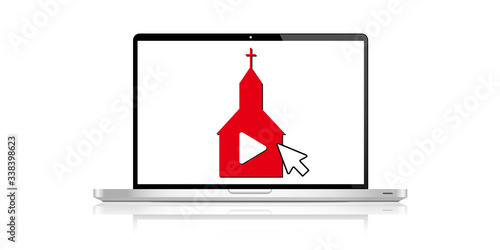 Laptop mockup online church service quarantine streaming video, christian church, chapel with cross flat icon for apps and websites