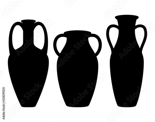Antique amphora icons with two handles. Ancient clay vases jars, Old traditional vintage pot. Ceramic jug archaeological artefacts. Greek or Roman vessel pottery for wine or oil. Vector
