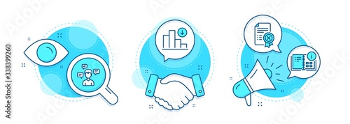 Decreasing graph, Instruction info and Reject certificate line icons set. Handshake deal, research and promotion complex icons. Conversation messages sign. Crisis chart, Project, Decline file. Vector