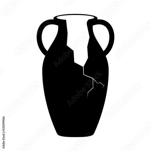 Broken ancient amphora icon with two handles. Antique clay vase jar, Old traditional vintage pot. Ceramic jug archaeological artefact. Greek or Roman vessel pottery for wine or oil. Vector