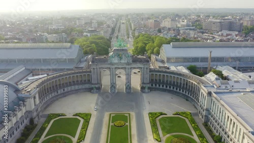 Dolly zoom. Brussels, Belgium. Park of the Fiftieth Anniversary. Park Senkantoner. The Arc de Triomphe of Brussels (Brussels Gate), Aerial View, Departure of the camera photo