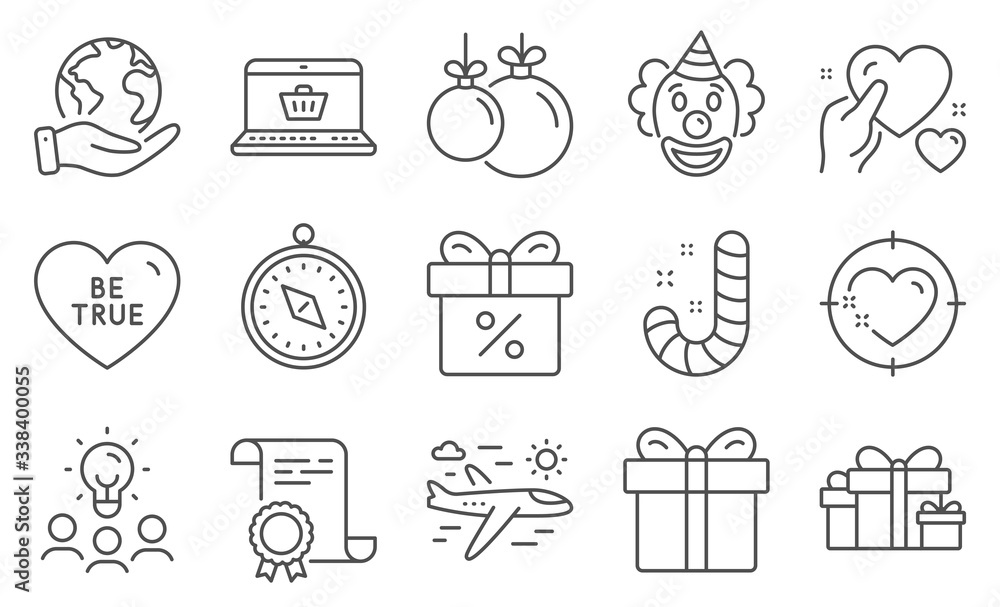 Set of Holidays icons, such as Airplane travel, Online shopping. Diploma, ideas, save planet. Be true, Discount offer, Christmas ball. Travel compass, Clown, Holiday presents. Vector Set of Holidays icons, such as Airplane travel, Online shopping. Diploma, ideas, save planet. Be true, Discount offer, Christmas ball. Travel compass, Clown, Holiday presents. Vector
