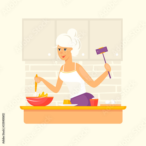 Woman blogger cooking dish. Flat design vector illustration.