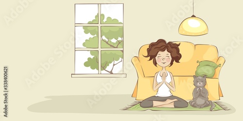 Girl and cat practicing yoga / Funny vector illustration, Young woman stays at home for sports exercises

