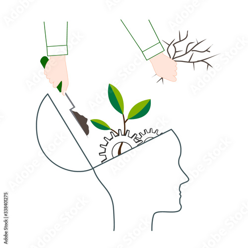 Psychotherapy or NLP symbol, Natural Language Processing or mental growth icon. Personal development and self improvement vector concept. Human head with gears and tree