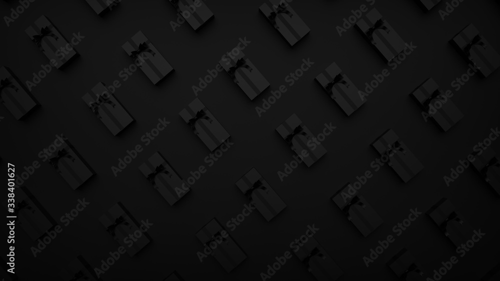 Black Gift boxes. Pattern with gift box. Dark background golden text lettering. Horizontal banner, poster, header website. 3D illustration Black Gift boxes. Pattern with gift box. Dark background golden text lettering. Horizontal banner, poster, header website. 3D illustration