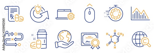 Set of Science icons, such as Investment graph, International Ð¡opyright. Certificate, save planet. Chemical formula, Seo timer, Journey path. Medical prescription, Swipe up, Medical drugs. Vector