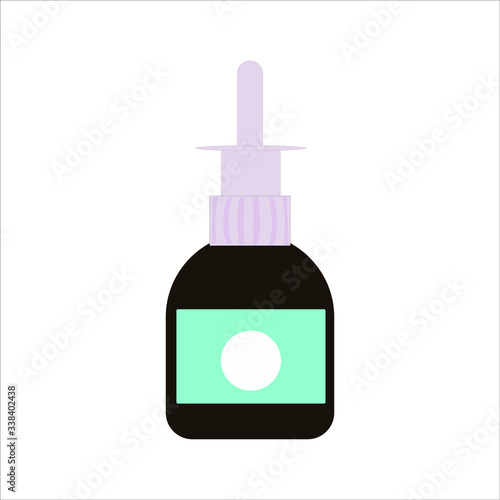 Medical nasal drops in flat style isolated on white background. Storage tank. Vector flat illustration. Medical natural remedy. Simple icon.Web site page, mobile app design.Glass tube.