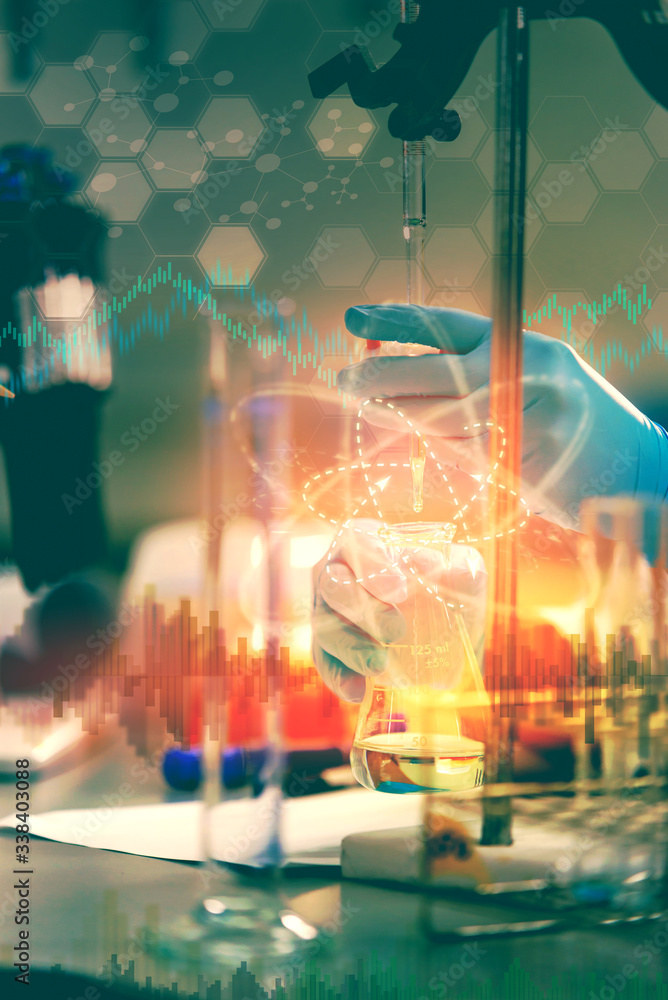 Double exposure of scientist or chemist is demonstrate the titration technique and medical lab