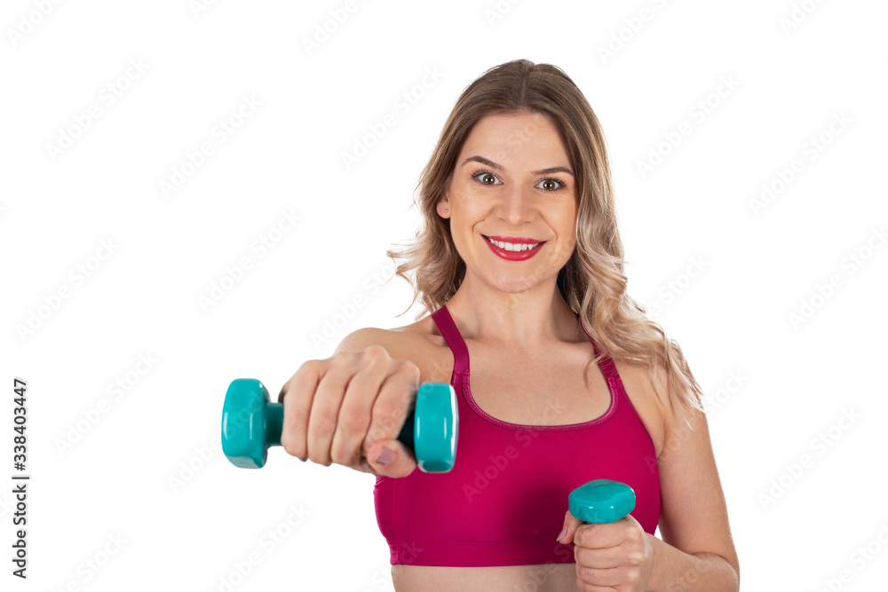 Sporty woman with dumbbells on isolated Sporty woman with dumbbells on isolated