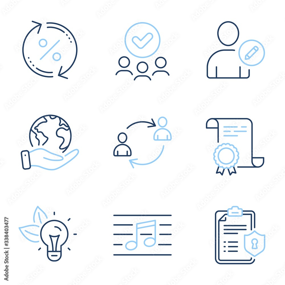 User communication, Edit user and Musical note line icons set. Diploma certificate, save planet, group of people. Eco energy, Loan percent and Privacy policy signs. Vector User communication, Edit user and Musical note line icons set. Diploma certificate, save planet, group of people. Eco energy, Loan percent and Privacy policy signs. Vector