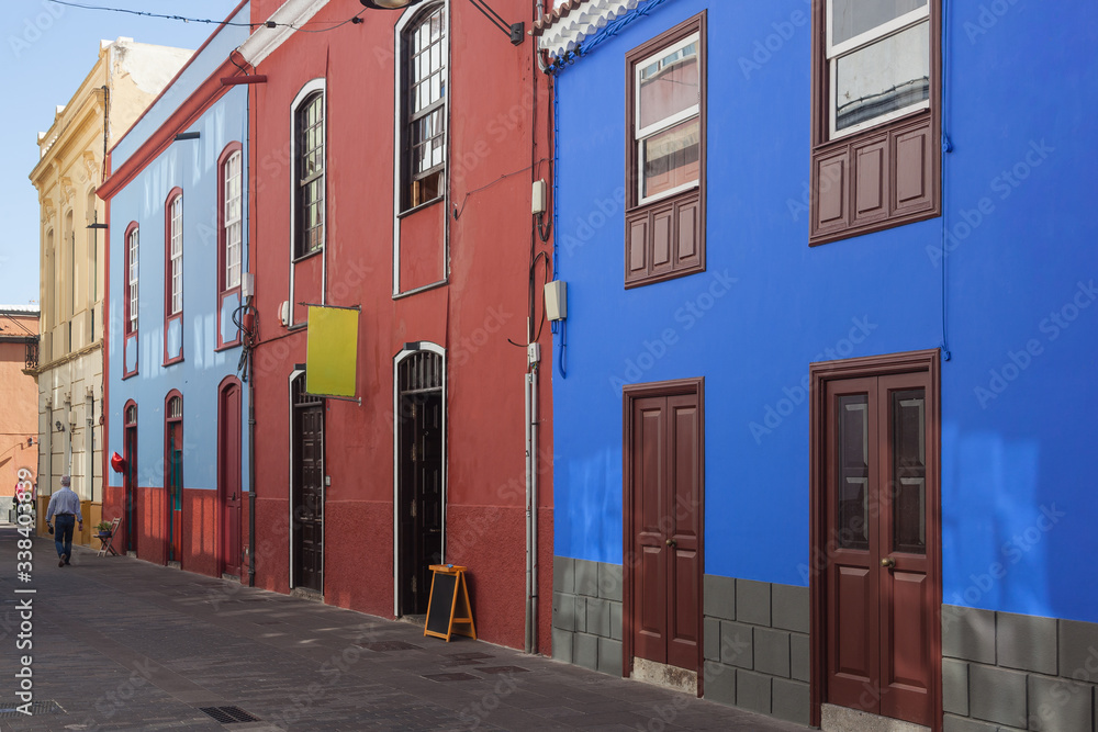 Colorful facades of old houses on the street of the historical La Laguna town, Tenerife, Canary Islands, Spain.