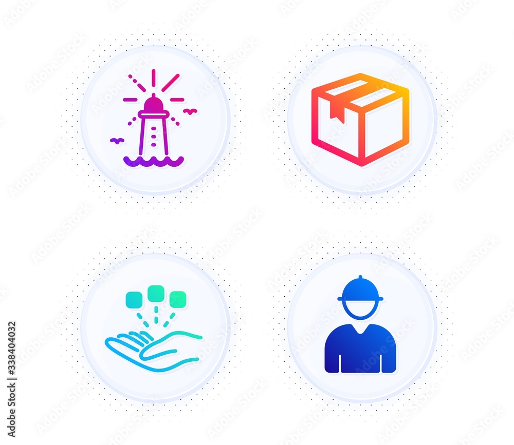 Parcel, Lighthouse and Consolidation icons simple set. Button with halftone dots. Engineer sign. Shipping box, Navigation beacon, Strategy. Worker profile. Industrial set. Vector Parcel, Lighthouse and Consolidation icons simple set. Button with halftone dots. Engineer sign. Shipping box, Navigation beacon, Strategy. Worker profile. Industrial set. Vector