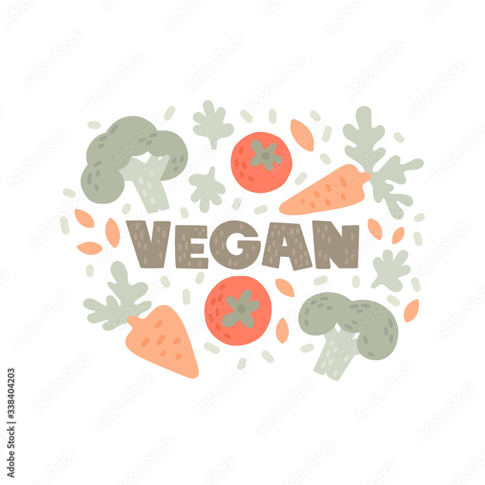 Vector illustration. Vegan hand drawn lettering. Round frame with elements in sketch style. Carrots, broccoli, tomatoes, spices, arugula, lettuce leaves. Organic products, vegetarian food, self-care