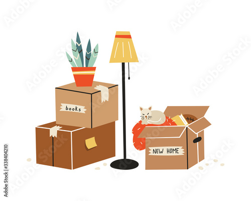Moving to a new home. The family moved to a new home. Paper cardboard boxes with various household items. Vector illustration in a flat style