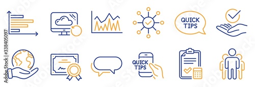Set of Education icons, such as Investment, Quickstart guide. Certificate, save planet. Group, Horizontal chart, Recovery cloud. Approved, Messenger, Survey check. Vector