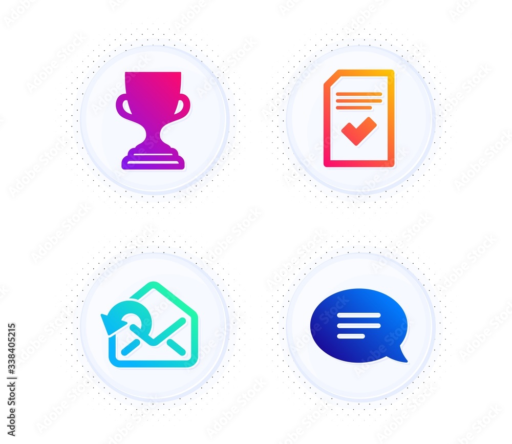 Checked file, Send mail and Award cup icons simple set. Button with halftone dots. Chat sign. Correct document, Sent message, Trophy. Speech bubble. Education set. Vector Checked file, Send mail and Award cup icons simple set. Button with halftone dots. Chat sign. Correct document, Sent message, Trophy. Speech bubble. Education set. Vector