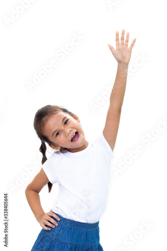 portrait children raise happy hands isolate on white background.