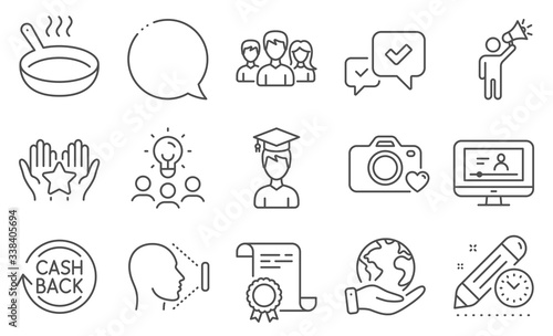 Set of Business icons, such as Speech bubble, Online video. Diploma, ideas, save planet. Brand ambassador, Student, Cashback. Photo camera, Teamwork, Ranking. Vector